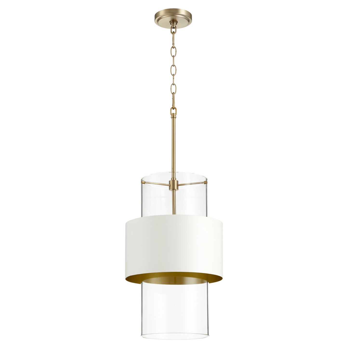 Quorum - 8013-0880 - One Light Pendant - Glass Cylinder Drum Pendants - Aged Brass w/ Studio White